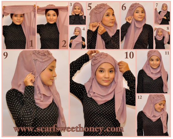 Cara Memakai Jilbab Selendang Hiasan Mawar