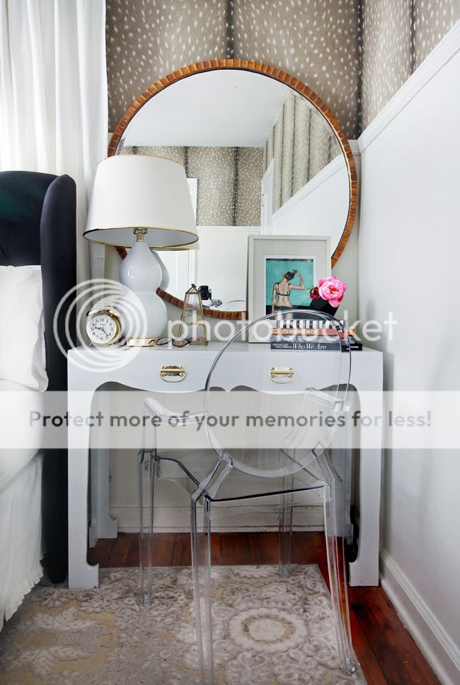 desk nightstand ghost chair fawn wallpaper bedroom