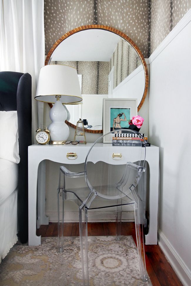 desk nightstand ghost chair fawn wallpaper bedroom